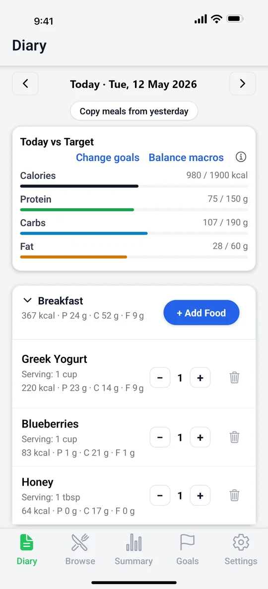 MacroResolve food diary showing meals and daily calorie and macro totals